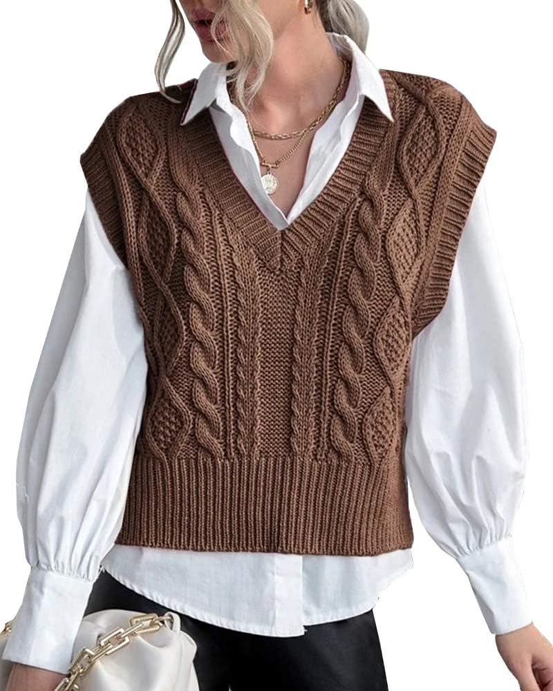 Tongmingyun Pullunder Damen Ärmellos V-Ausschnitt Strick Pullover Basic Strickweste Einfarbig Tank T