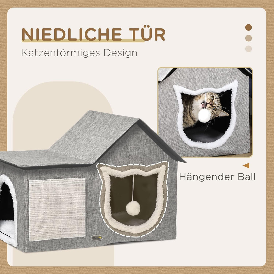 PawHut Katzenhöhle Katzenbett mit waschbarem Kissen, Kratzmatte, Spielball, Doppeltüren, Katzenhaus
