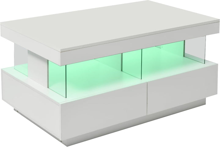 Merax Couchtisch Hochglanz mit LED, Moderner Wohnzimmertisch mit Stauraum Schubladen, Multifunktiona