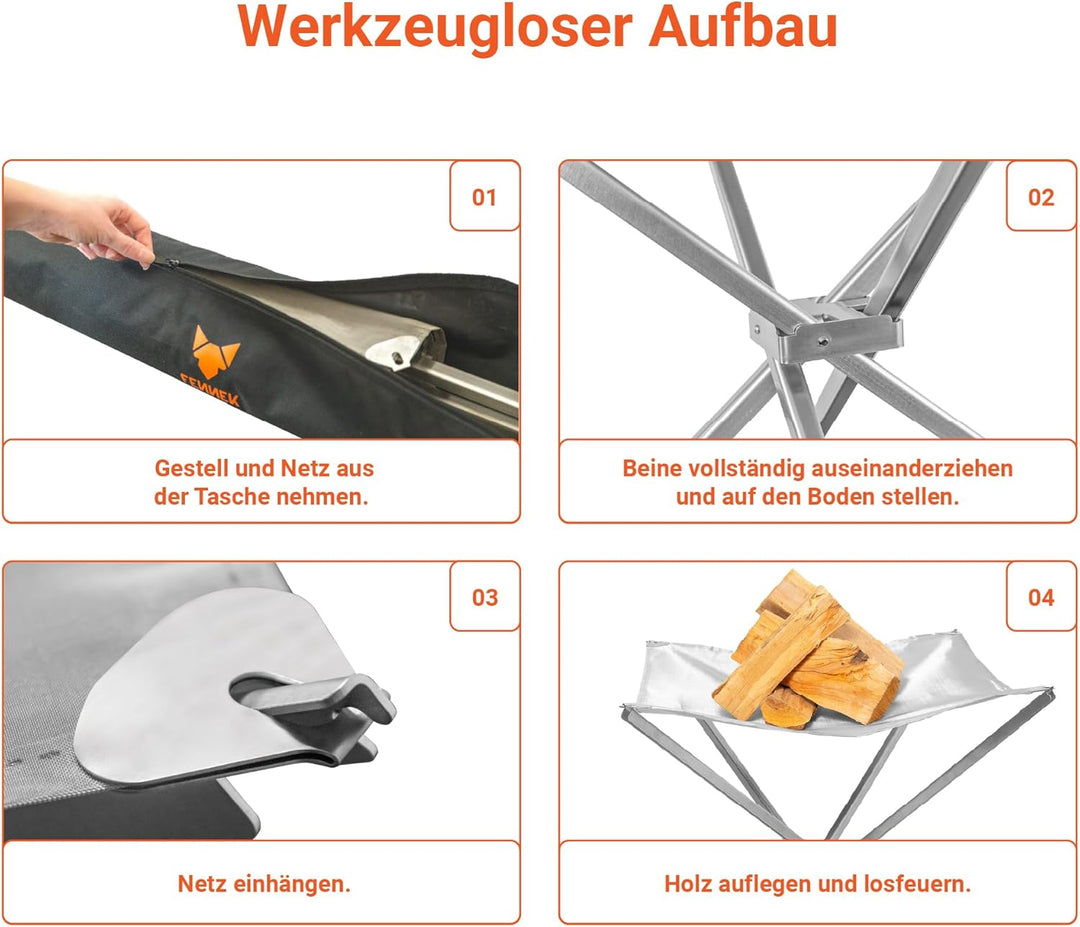 FENNEK HIGHFIRE | Hochwertiges, transportables XL Feuernetz aus Edelstahl | 60 x 60 x 63 cm | Mit Ta