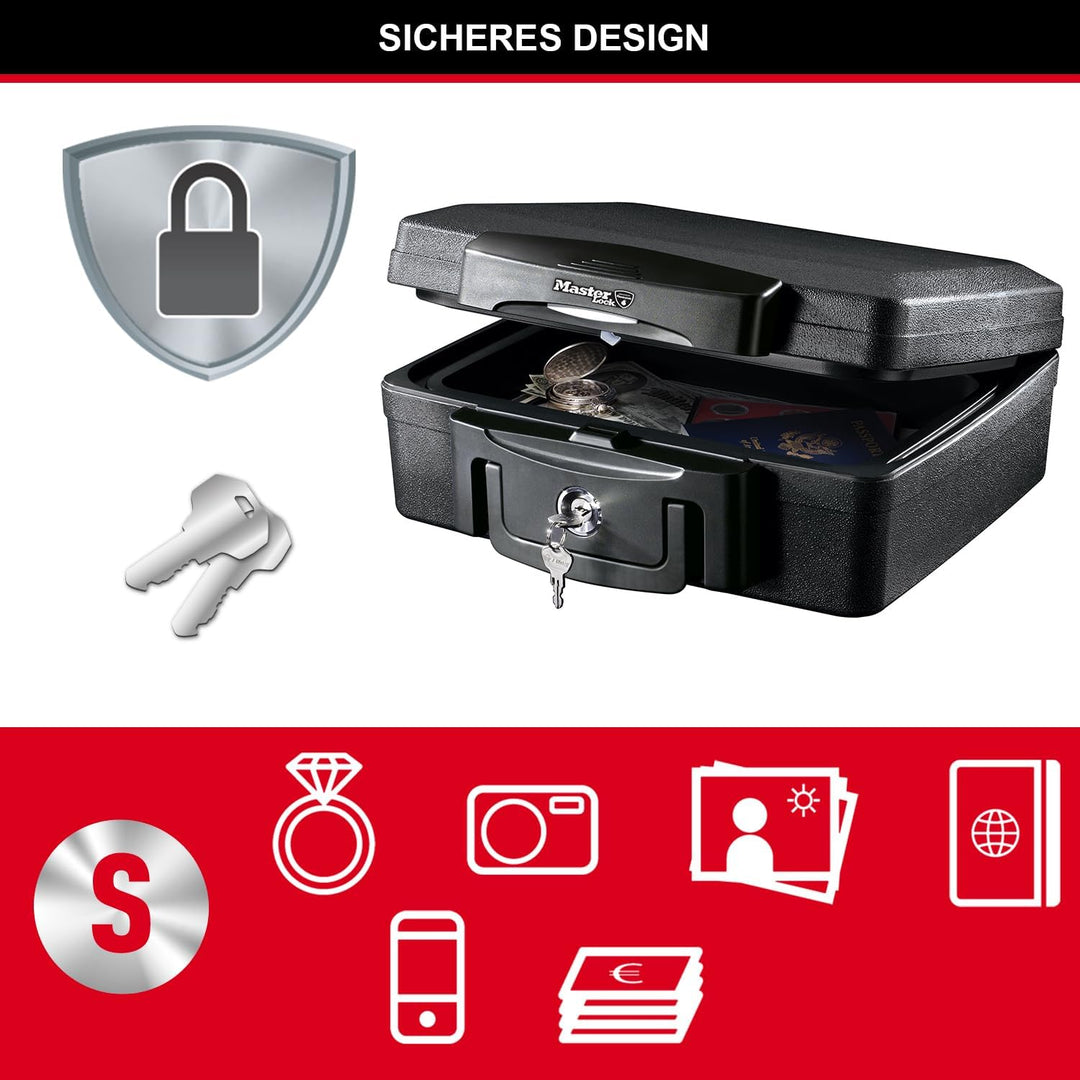 Master Lock Tresor Feuerfest und Wasserdicht mit Schlüssel, Dreifacher Schutz - Flug, Feuer und Flut