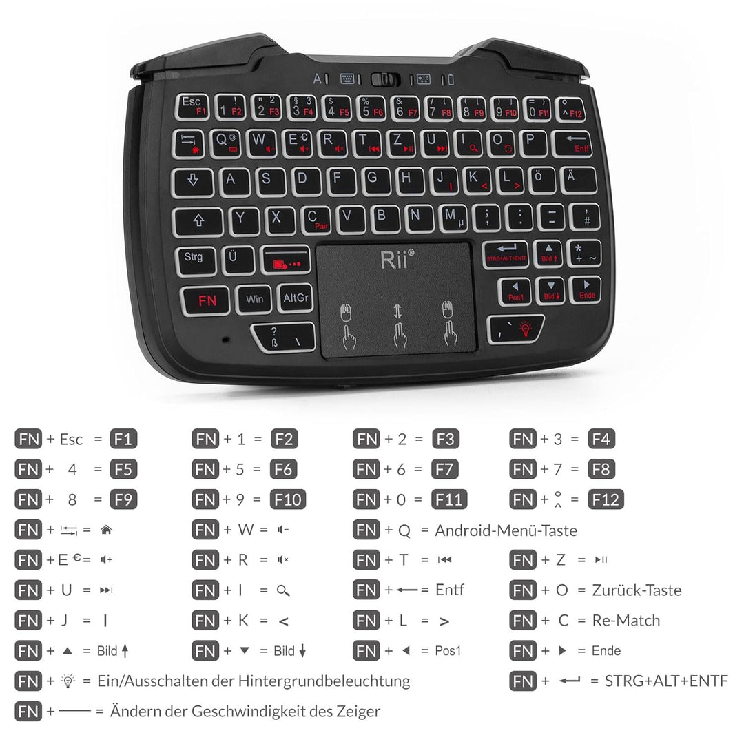 Rii Gaming Controller Wireless mit Tastatur mit Touchpad, 3-in-1-Funktionalität, 2,4GHz-Empfänger-An