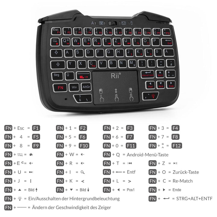 Rii Gaming Controller Wireless mit Tastatur mit Touchpad, 3-in-1-Funktionalität, 2,4GHz-Empfänger-An