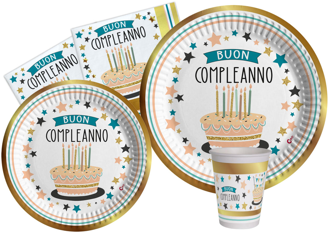 Partygeschirr Party-Set Buon Compleanno Shiny Gold für 24 Personen (112 pcs: 24 Pappteller Ø23cm, 24