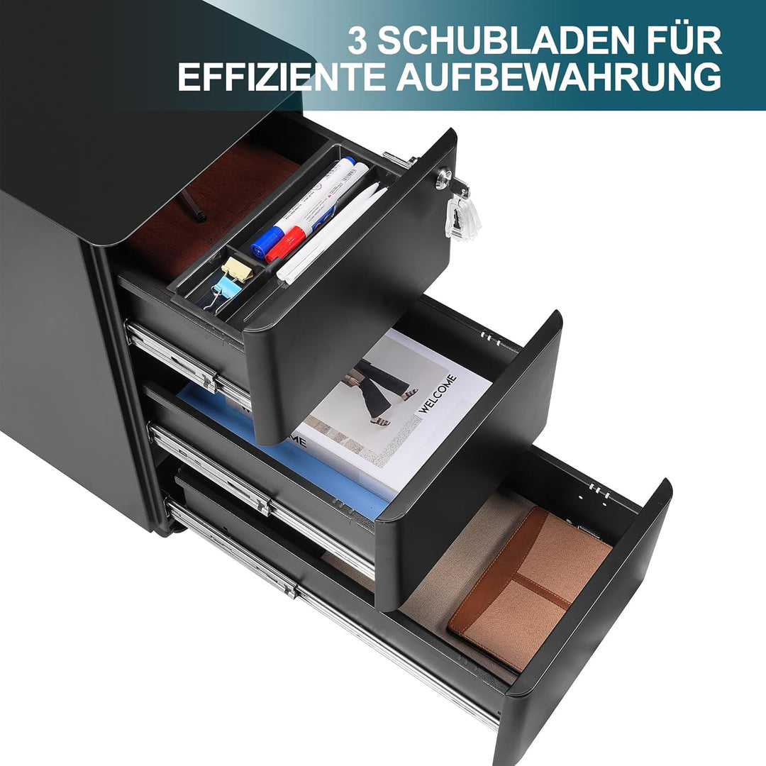 Aktenschrank mit 3 Schubladen und Schloss, Schwarz, OFC332B01, Schwarz 53,7cm H*30,0 cm W-3 Schublad