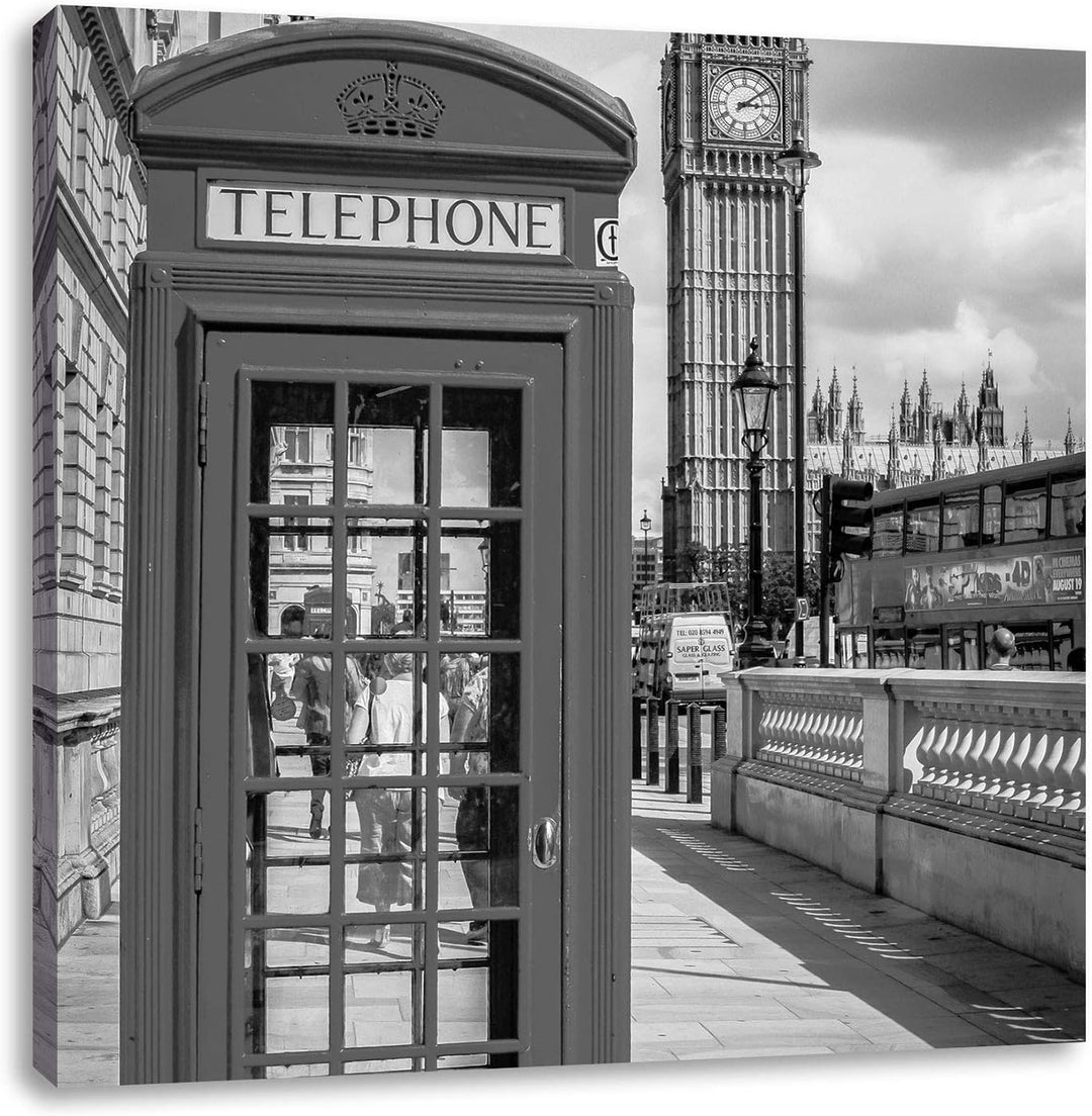 Pixxprint Telefonzelle in London als Leinwandbild/Grösse: 70x70 cm/Wandbild/Kunstdruck/fertig bespan
