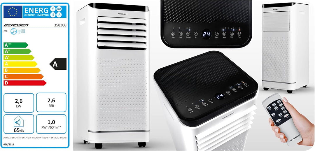 Berdsen Mobiles Klimagerät 9000 BTU - 4-in-1 mit Lüfter, Entfeuchter, Schlafmodus - Tuya Smart App -