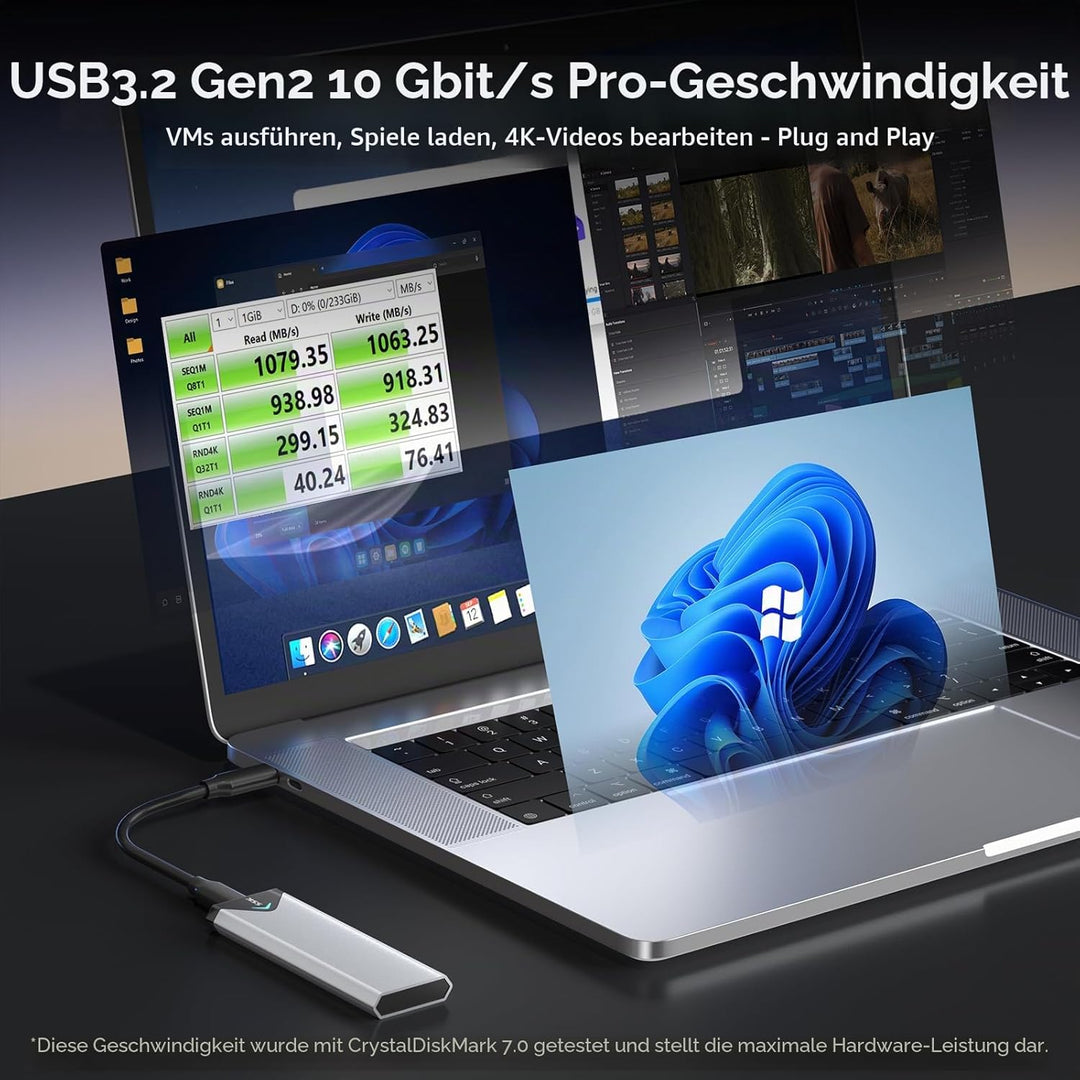 SSK Aluminium M.2 NVME SATA SSD Gehäuseadapter, USB 3.2 Gen 2 (10 Gbit/s) auf PCI-E NGFF M-Key/(B+M)