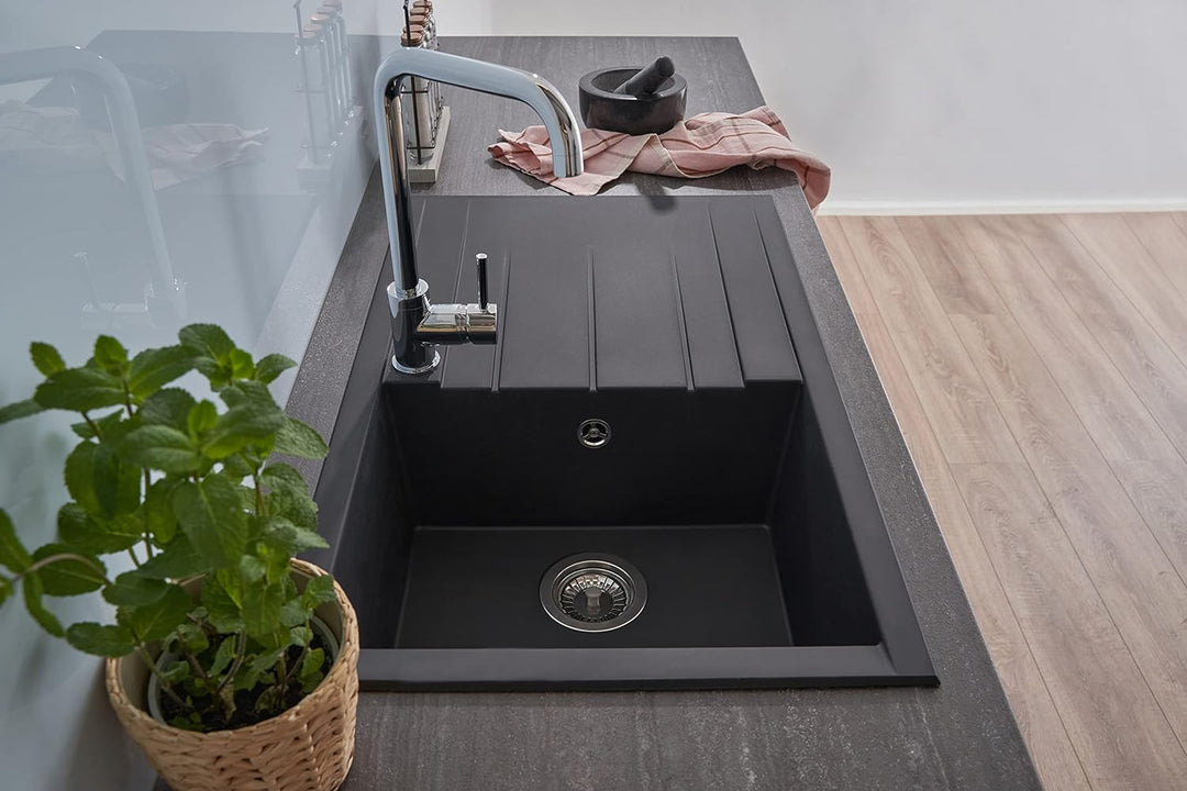 Respekta Mineralitespüle in Schwarz /1 Becken Einbauspüle in 80 x 50 cm Spülbecken geeignet für Unte