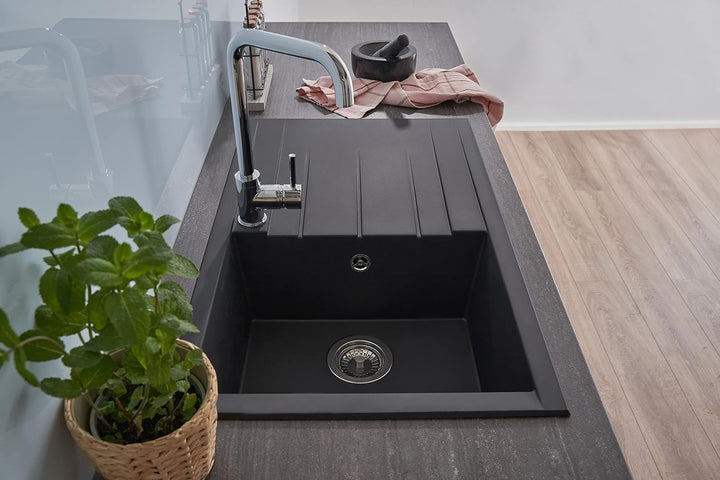 Respekta Mineralitespüle in Schwarz /1 Becken Einbauspüle in 80 x 50 cm Spülbecken geeignet für Unte