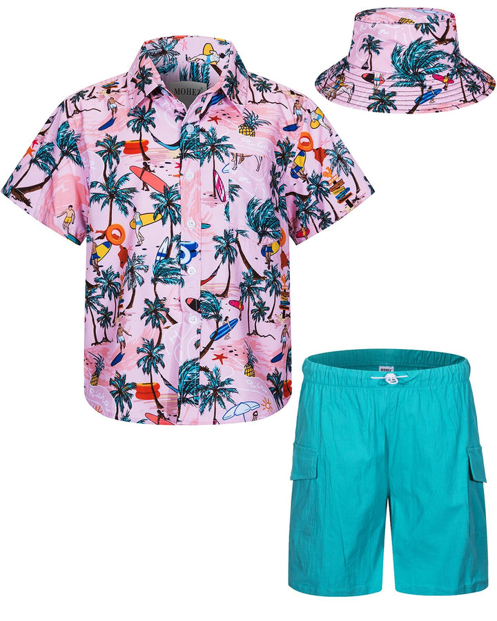 Kind Jungen Hawaii Hemd Short Set Kurzarm Sommer Outfits 3tlg Beach Kleidung Set, Shirt/Hose/Mütze 3