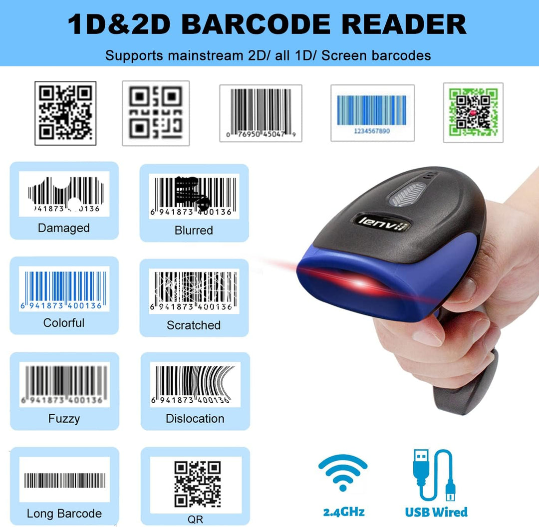 LENVII Wireless Barcode Scanner 2D 1D QR Wireless 2.4GHz + Wired USB 2.0 Handheld Bar Code Reader QR