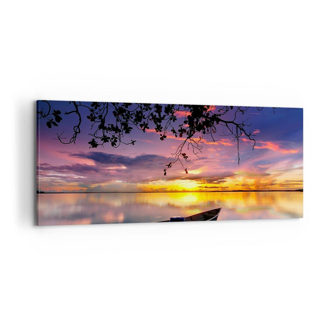 Wandbilder Dekoration Wohnzimmer Boot Sonnenuntergang See Himmel Panorama Bilder auf Leinwand 120x50