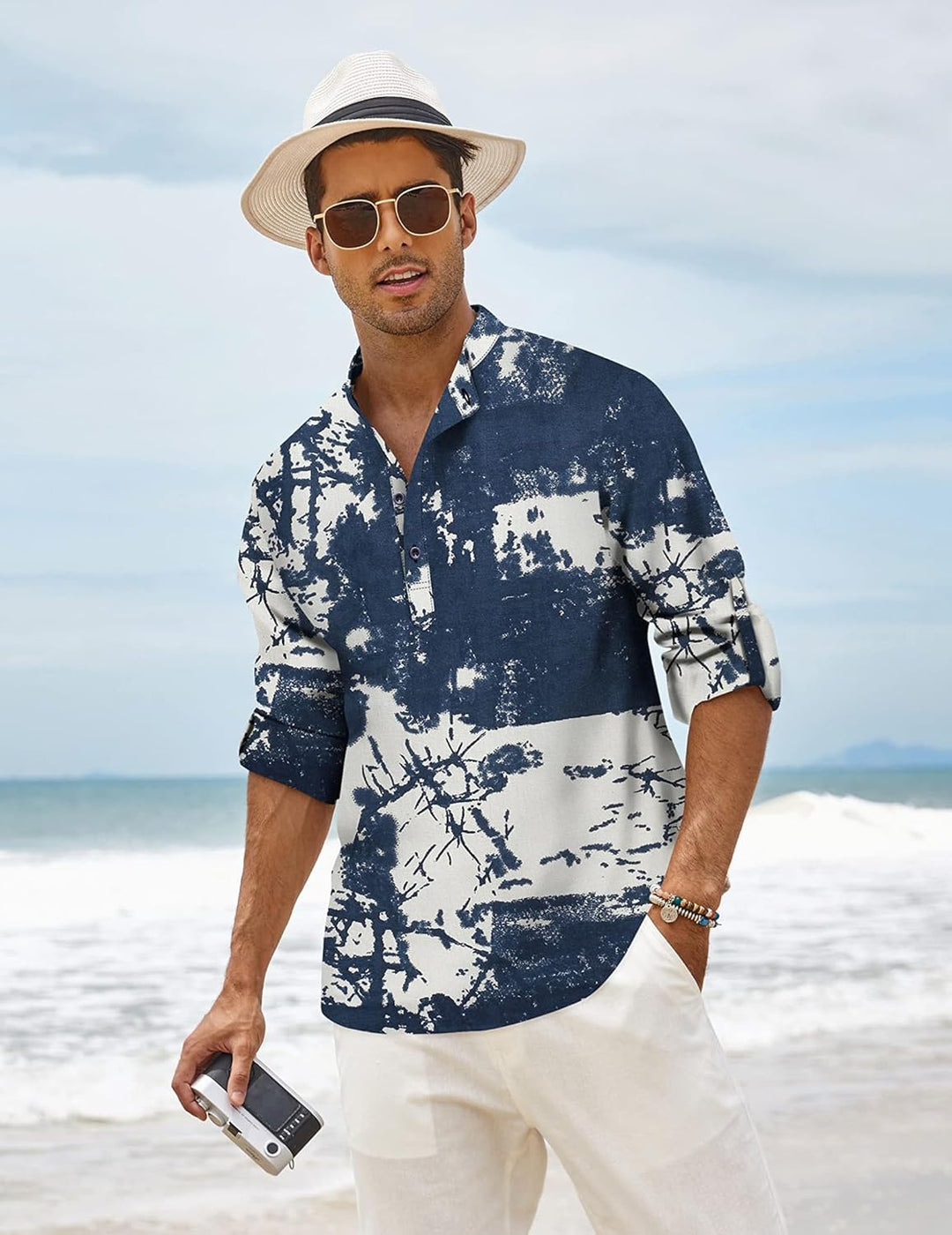 COOFANDY Hemd Herren Langarm Leinenhemd Baumwolle Henley Shirt Casual Regular Fit Sommerhemd M Navy