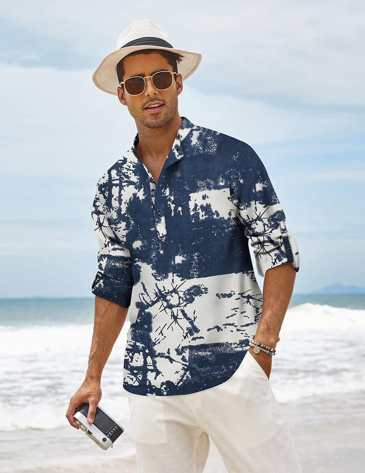 COOFANDY Herren Hemd Langarm Henley Shirt Leinenhemd Baumwolle Casual Regular Fit Sommerhemd Navy Ti