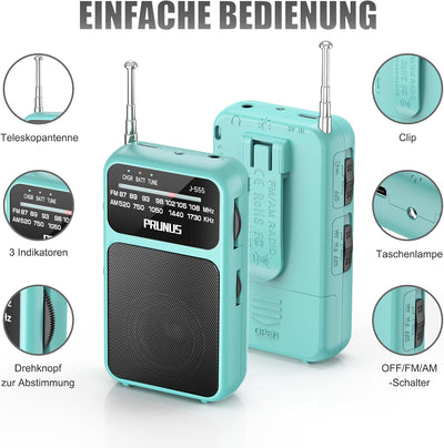 PRUNUS J-555 AM/FM/UKW Radio Klein, Kleines Radio mit Akku, USB-C-Laden, Mini Radio Batteriebetriebe