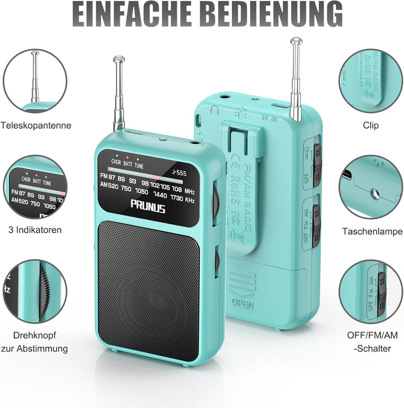 PRUNUS J-555 AM/FM/UKW Radio Klein, Kleines Radio mit Akku, USB-C-Laden, Mini Radio Batteriebetriebe