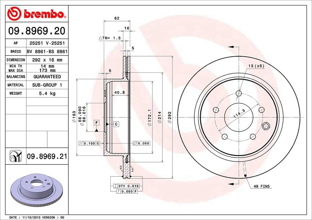 Brembo 09.8969.21 Hintere Bremsscheibe mit UV Lackierung, Anzahl 2