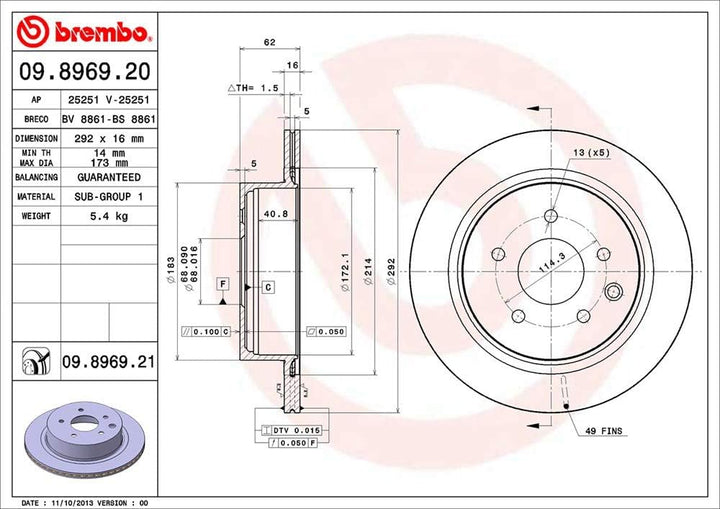 Brembo 09.8969.21 Hintere Bremsscheibe mit UV Lackierung, Anzahl 2
