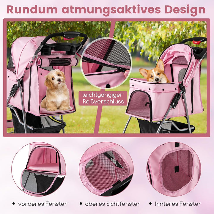 COSTWAY Hundewagen Haustiere Buggy, bis 15 kg, Hundebuggy mit Netzfenstern & Getränkehalter & Korb &