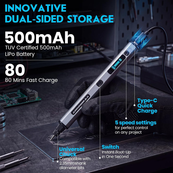 ARROWMAX 5 Gänge Mini Multifunktionswerkzeuge mit OLED, 30000 U/min | Gravierstift mit 30 Bits für M