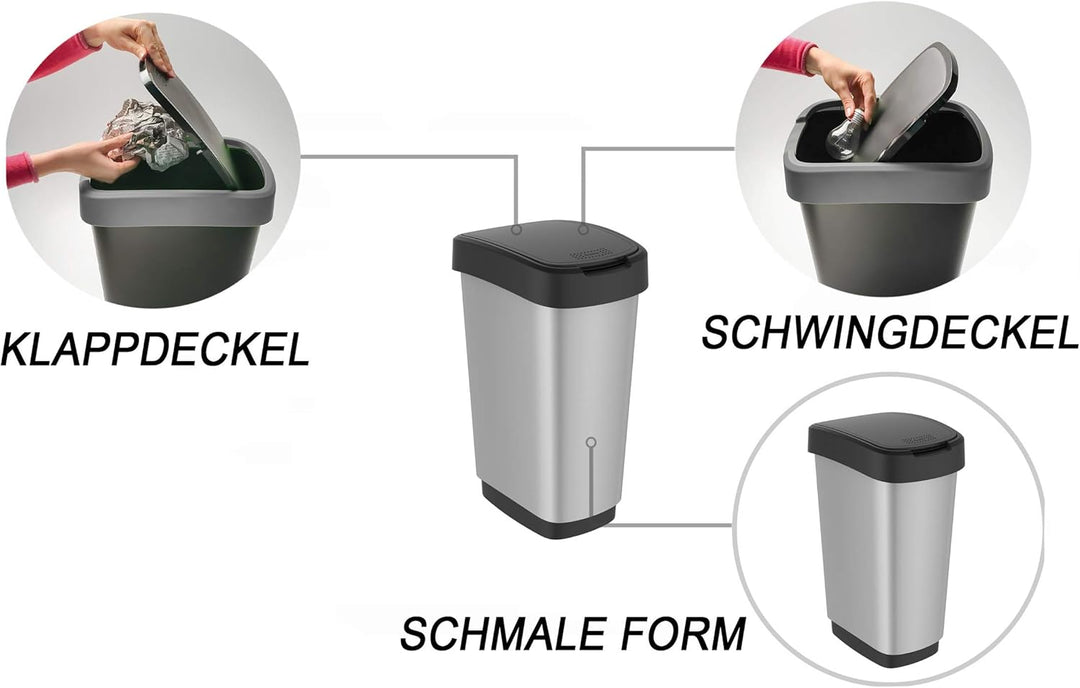 Rotho Twist Mülleimer 25l mit Deckel, Kunststoff, silber, Silber