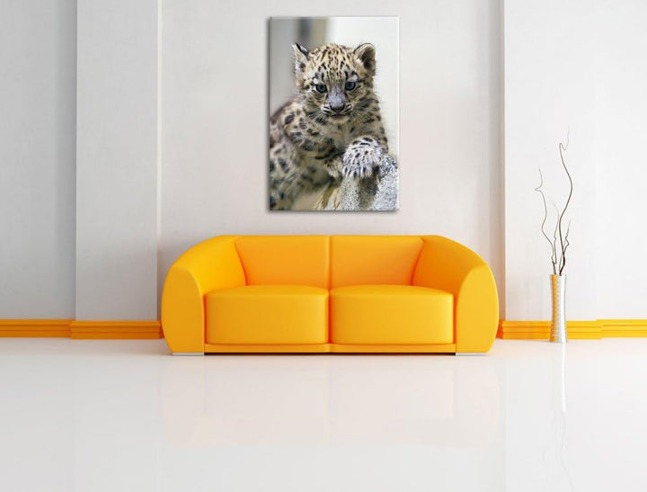 Pixxprint Leopardenjunges beim Klettern auf Leinwand, XXL riesige Bilder fertig gerahmt mit Keilrahm