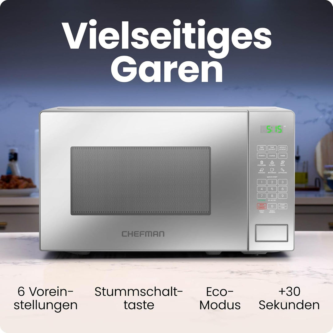 Chefman Mikrowelle 20L 800W 6 Voreinstellungen 10 Leistungsstufen Digitalanzeige Eco-Modus Memory-Fu