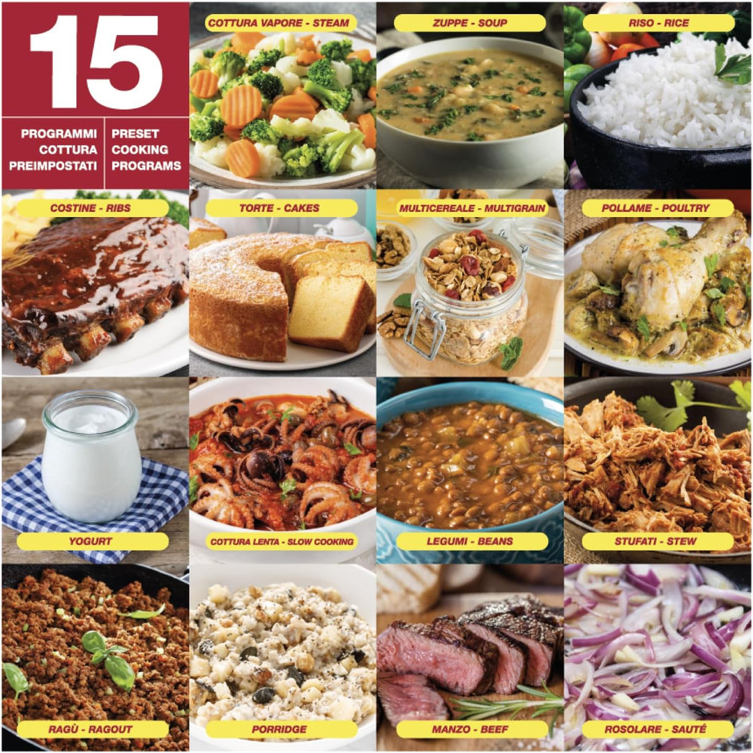 BEPER P101COS002 Schnellkochtopf 6 Liter, 15 Kochprogramme, Schongarer, 24-Stunden-Timer, 3 Druckstu