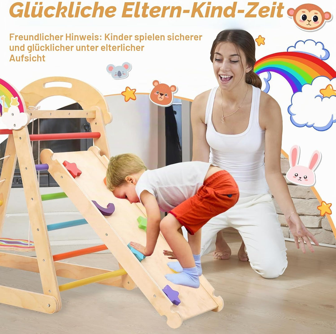 Montessori Klettergerüst, 5 in 1 Indoor Spielplatz für Kinder, mit Schaukel, Bogen, Rutsche und Klet