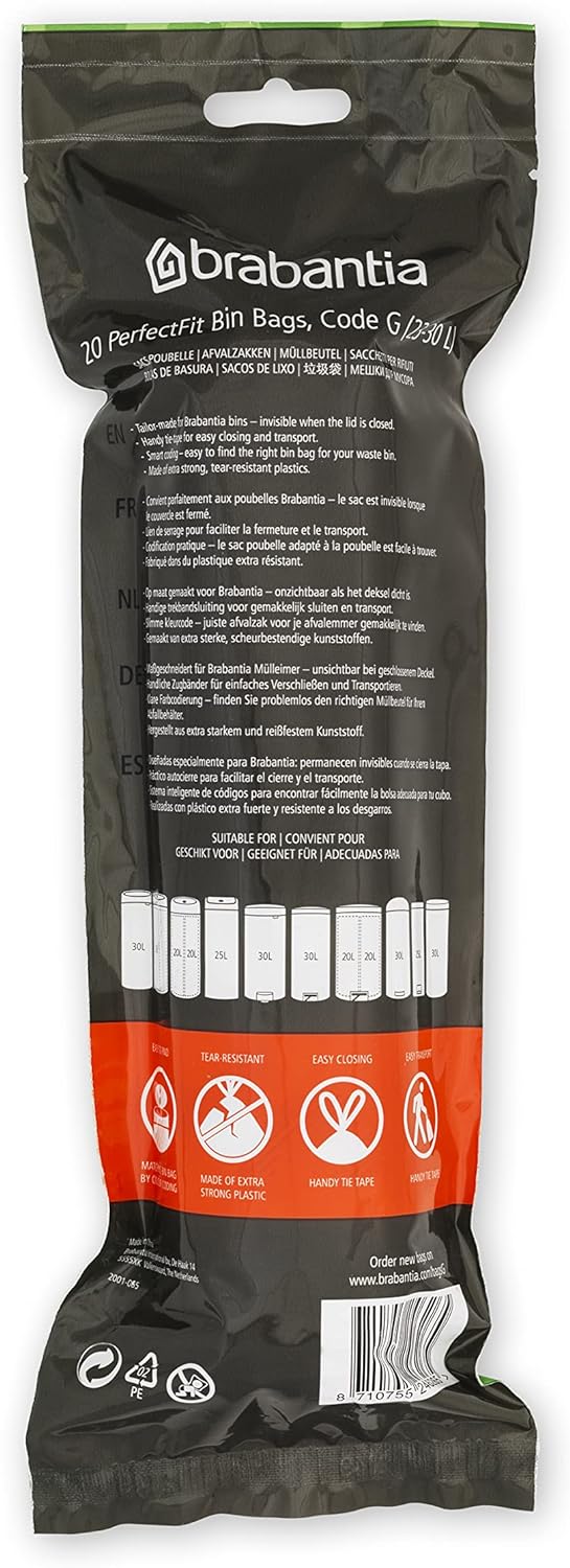Brabantia Müllbeutel PerfectFit Multipack (Code G - 23L / 30L) Extra Starke Müllsäcke mit Zugband, 6
