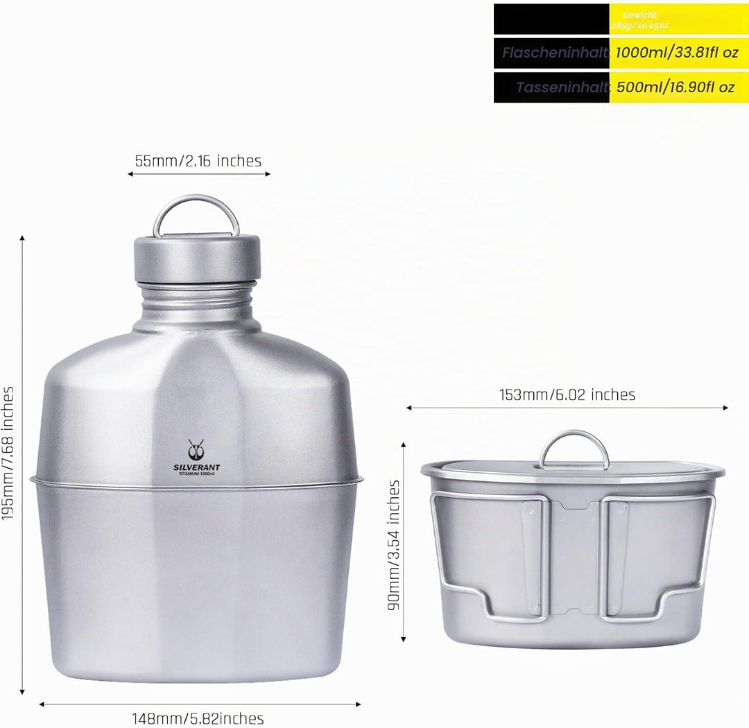 SILVERANT Titan Canteen Militär Verpflegungsset – 1000ml Wasserflasche mit 500ml verschränktem Beche