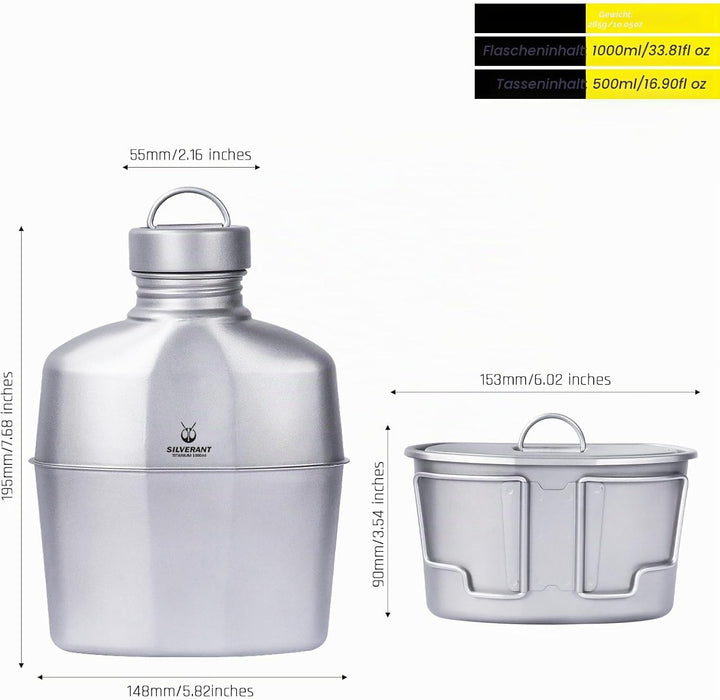 SILVERANT Titan Canteen Militär Verpflegungsset – 1000ml Wasserflasche mit 500ml verschränktem Beche