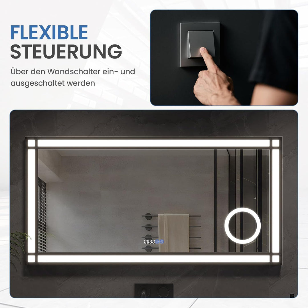 AQUABATOS Badspiegel mit Beleuchtung und Uhr Schwarzer Rahmen Fensteroptik 120x60cm, Badezimmerspieg