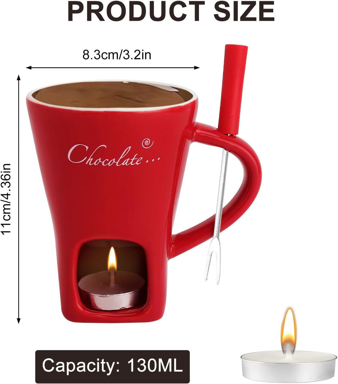 Schokofondue Tasse Keramik 130ML Schoko Fondue Cup mit Teelichthalter und Gabeln Schokoladenfondue S