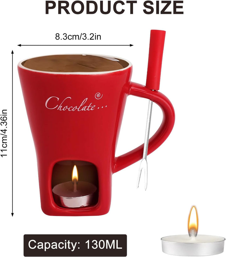 Schokofondue Tasse Keramik 130ML Schoko Fondue Cup mit Teelichthalter und Gabeln Schokoladenfondue S