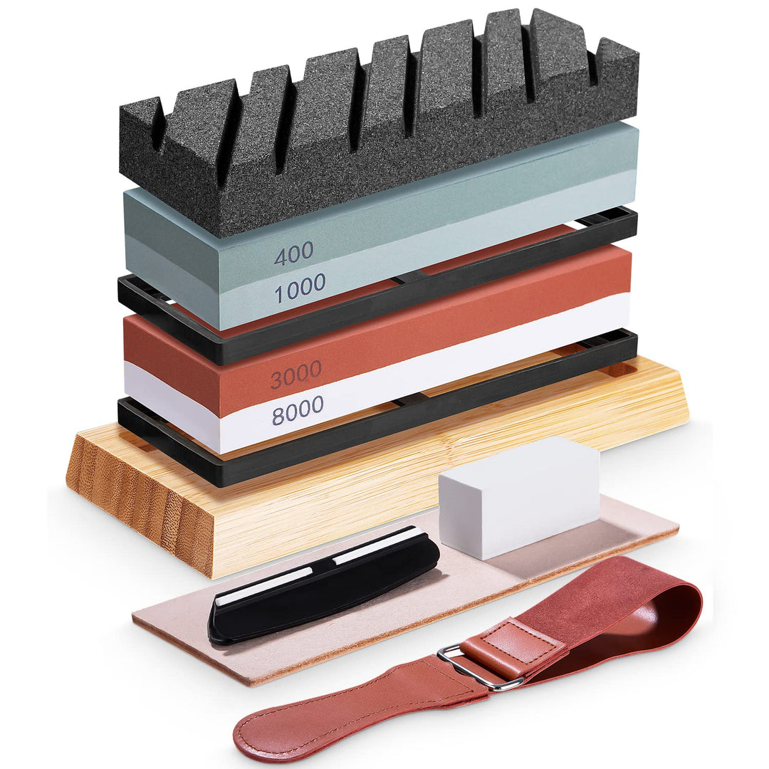 FAOKZE Abziehstein Schleifstein Set 9-in-1, Doppelseitig 400/1000 und 3000/8000 Grit Messerschärfer,