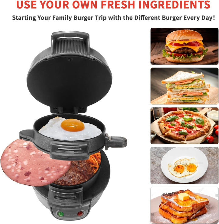 HENYEER Sandwich Toaster Burger Maker, mit Eierringe und Zeitschaltuhr, Effiziente Antihaft Heizplat