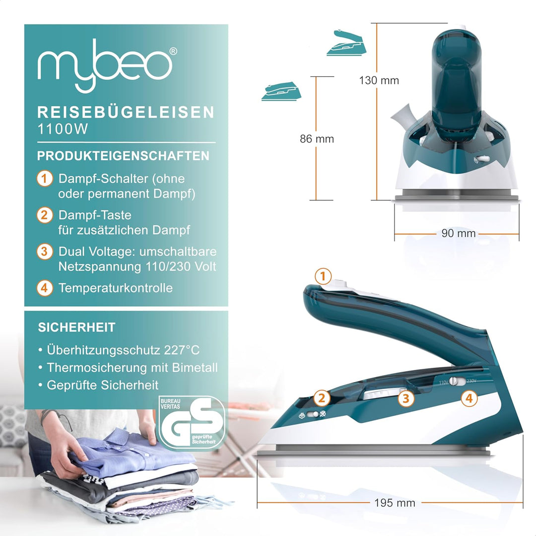 MyBeo - Reisebügeleisen Dampfbügeleisen 1100W - Dual-Voltage 110/230 Volt – mini Bügeleisen mit anti