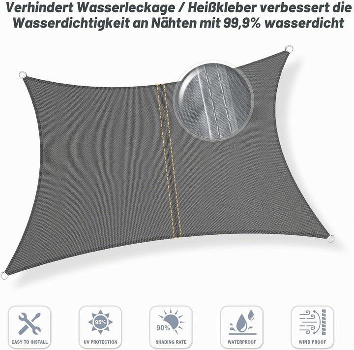 Sunnylaxx 4x4m Sonnensegel Quadrat, Wasserdicht Sonnenschutz Sunsegel Color Anthrazit, 95% UV-Schutz