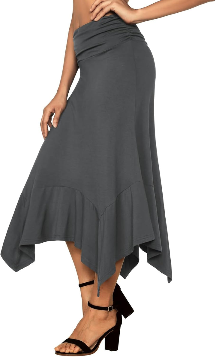 DJT Damen Elastisch Plissierte Taille Elegant Rock A-Linie Faltenrock Midi Rock mit Taschentuch Saum