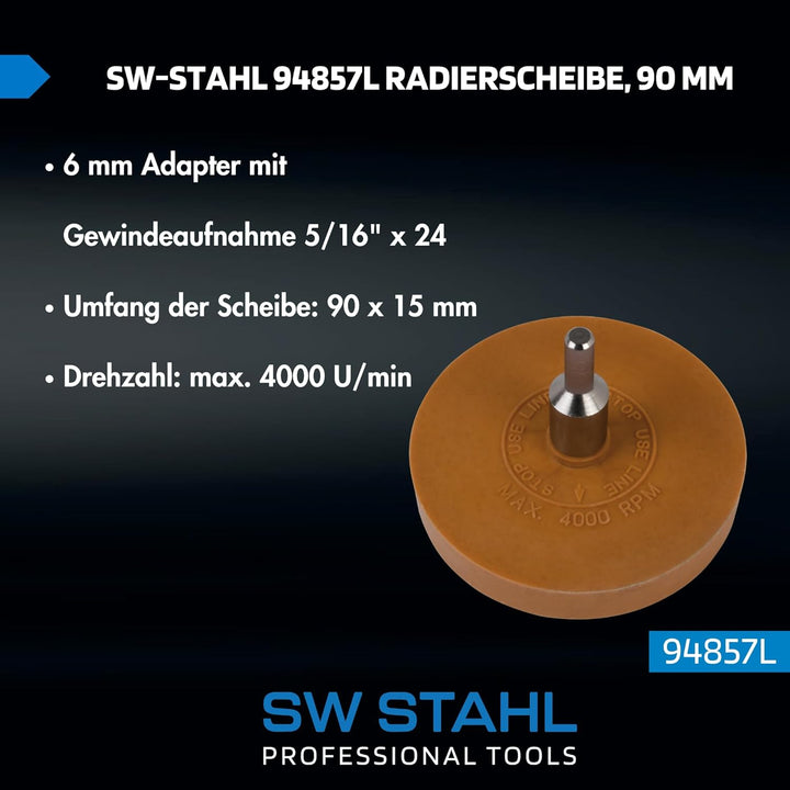SW-Stahl 94857L Radierscheibe, 90 mm I Folienradierer mit Adapter I Radierer für Akkuschrauber I Rad