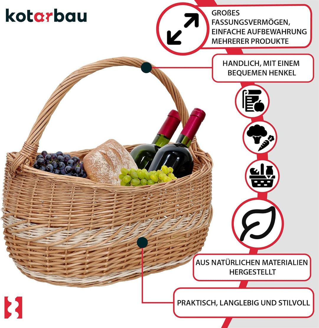 KOTARBAU® Weidenkorb Picknickkorb geflochten 450 x 280 mm Korb aus Weide Braun gross Einkaufskorb ge