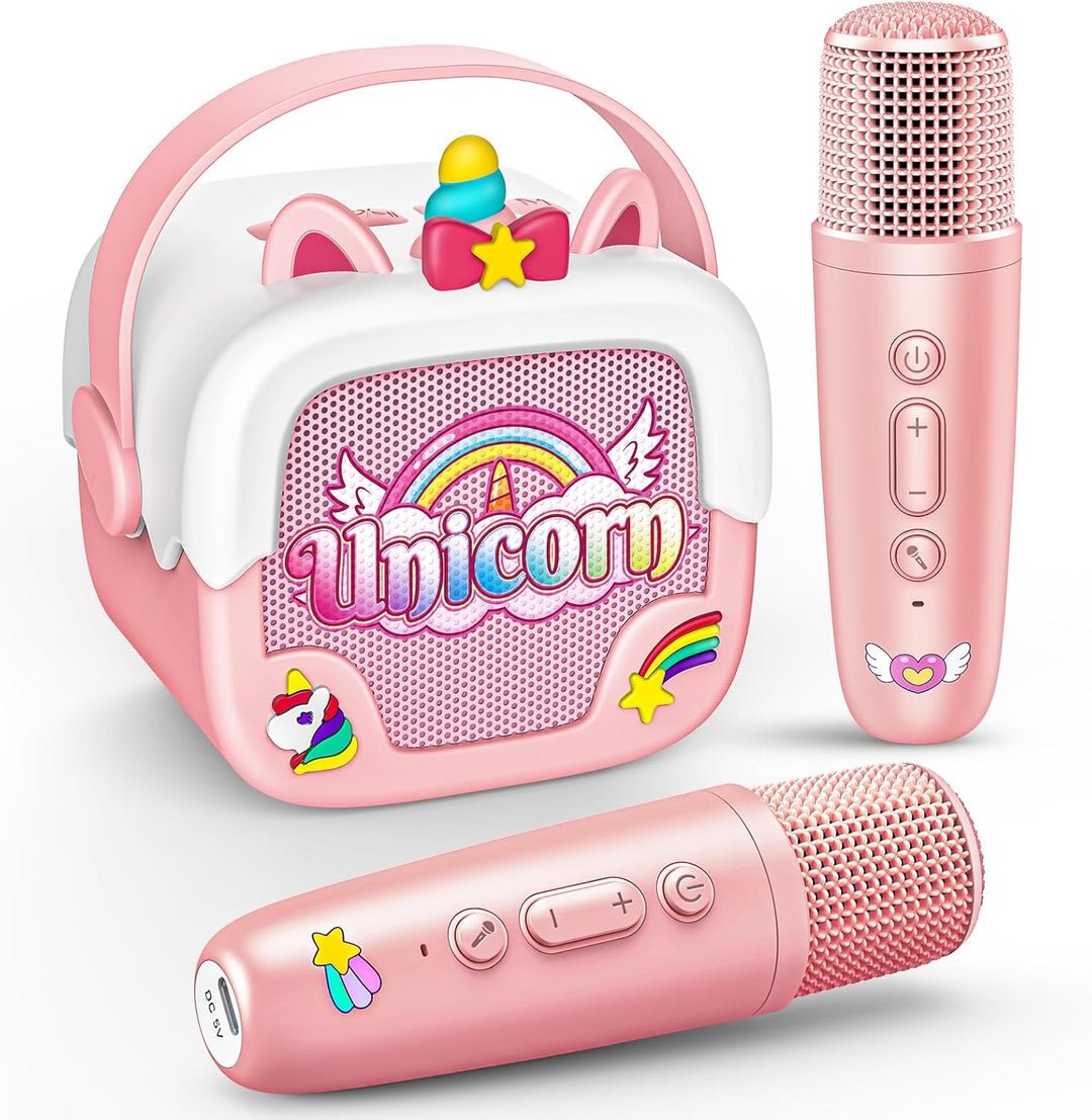 Karaoke Maschine Kinder mit 2 Bluetooth Karaoke Mikrofon, Einhorn Geschenk Spielzeug für Mädchen 3-1