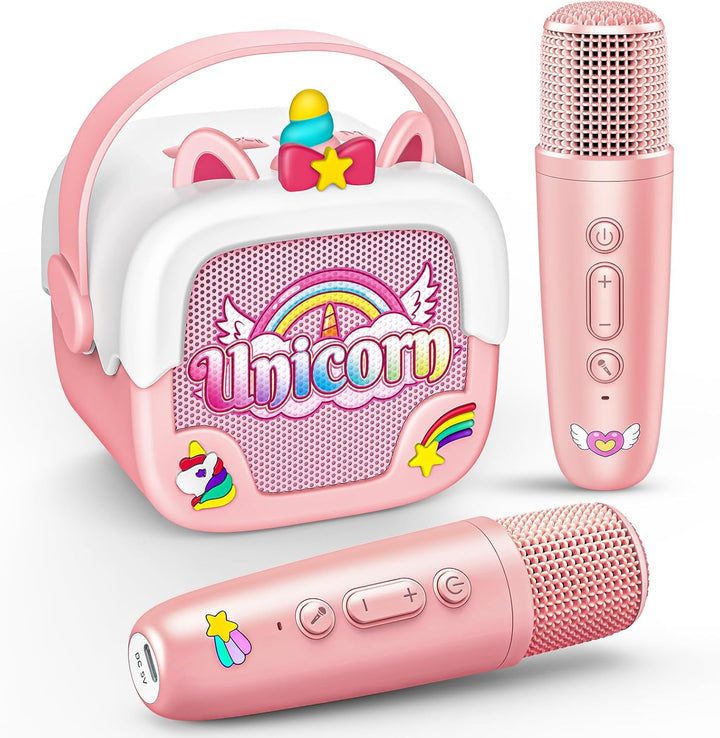 Karaoke Maschine Kinder mit 2 Bluetooth Karaoke Mikrofon, Einhorn Geschenk Spielzeug für Mädchen 3-1