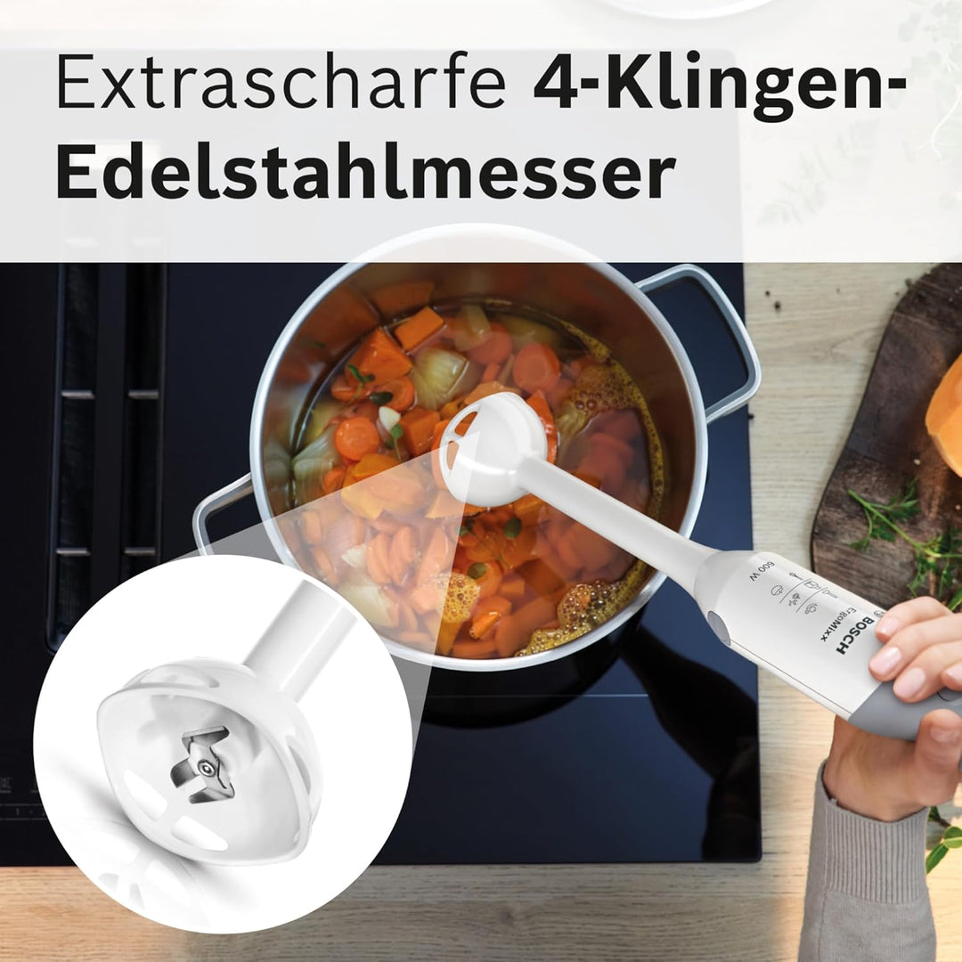 Bosch Stabmixer ErgoMixx MSM66020, Mixfuss, Mix- und Messbecher, 4-Klingen-Messer, ergonomisches Des