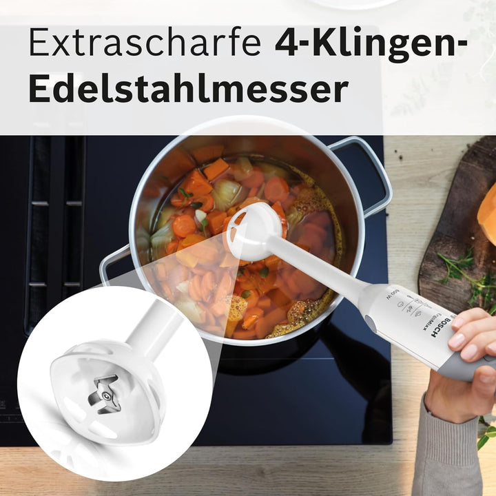 Bosch Stabmixer ErgoMixx MSM66020, Mixfuss, Mix- und Messbecher, 4-Klingen-Messer, ergonomisches Des