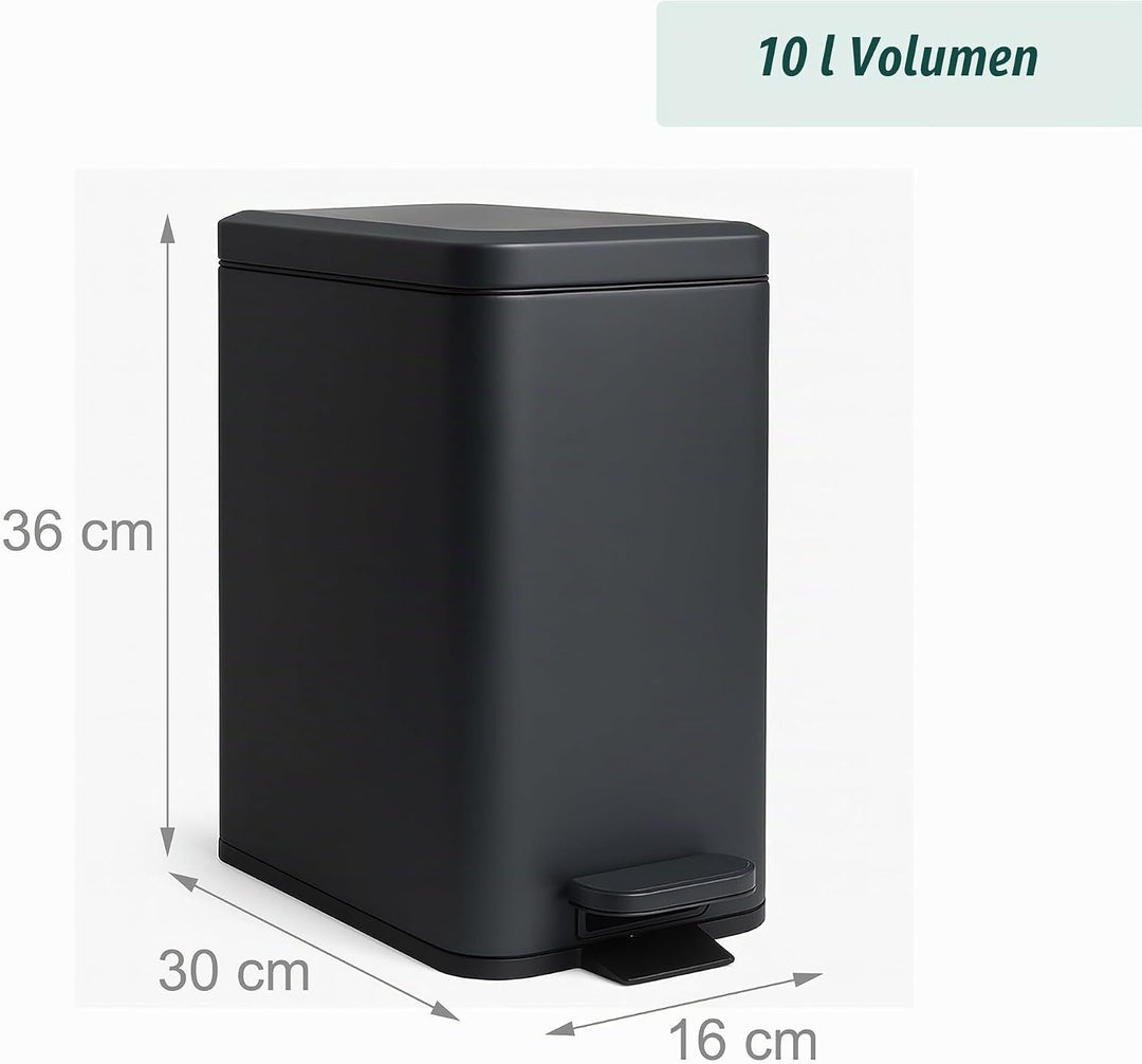 Relaxdays Mülleimer, 10 Liter, 16 cm schmal, Softclose, Pedal, Inneneimer, Küche &amp; Bad, Matter Abfal