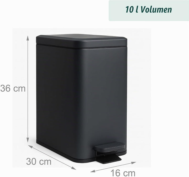 Relaxdays Mülleimer, 10 Liter, 16 cm schmal, Softclose, Pedal, Inneneimer, Küche &amp; Bad, Matter Abfal
