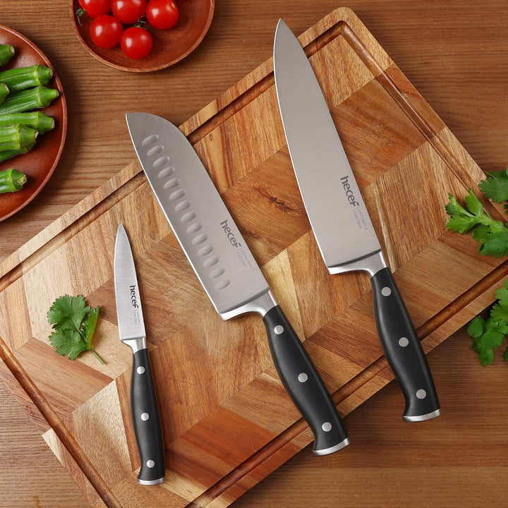 hecef Messerset, 3 tlg Küchenmesser Set mit Ergonomischer ABS-Griff, Full-tang, Scharfes Kochmesser